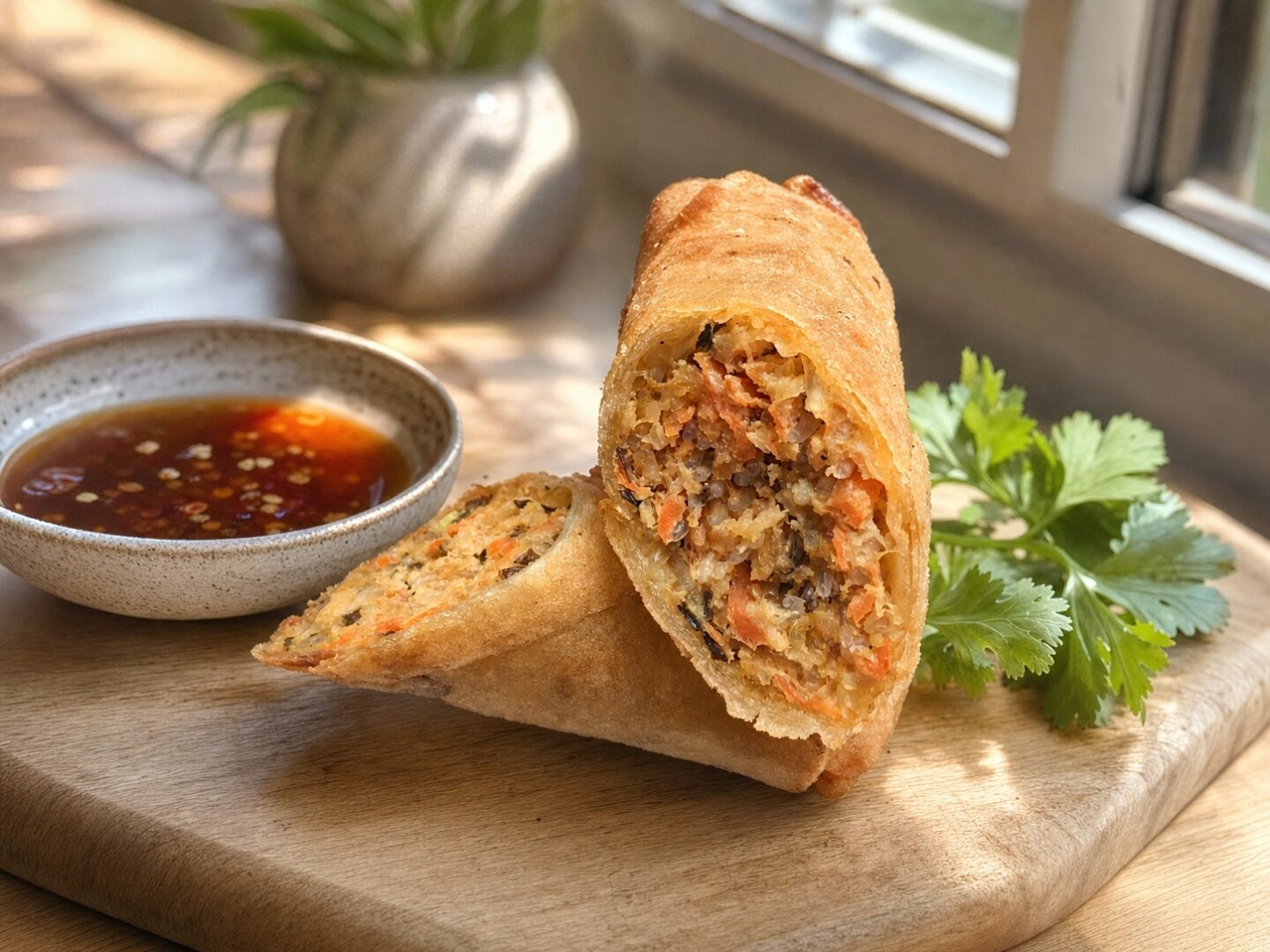 A board of freshly made egg rolls